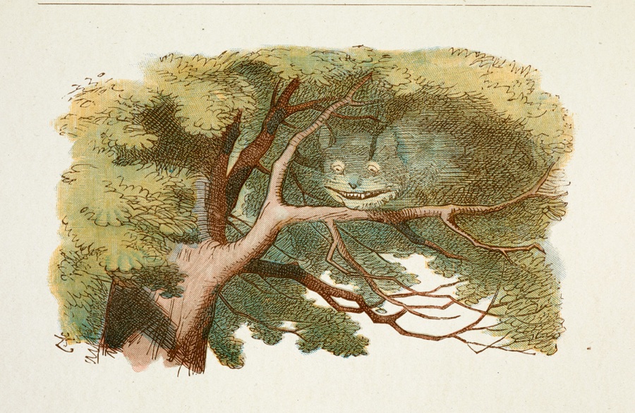 The Cheshire Cat grinning from a tree, colored illustration from The Nursery Alice, 1890